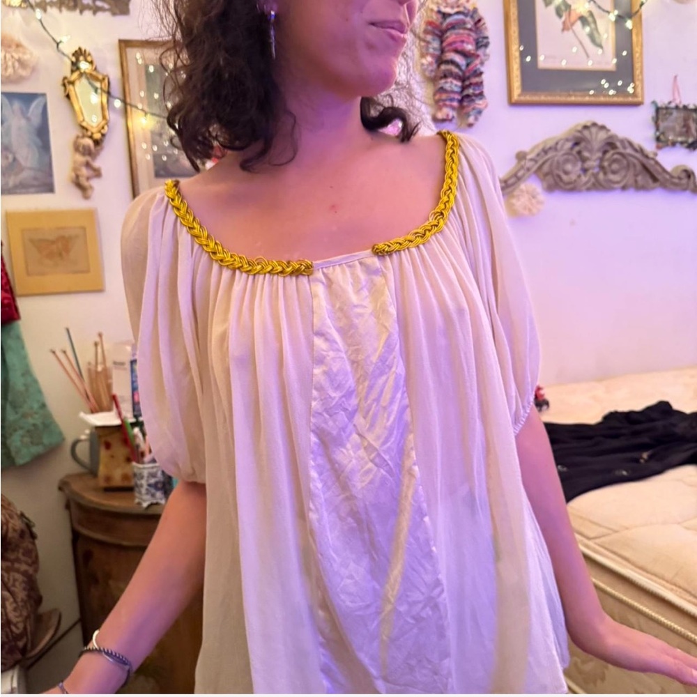 Semi Sheer Cream Blouse with striking gold braided neckline accent Small